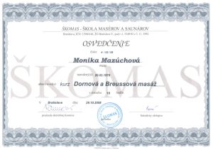 certifikát Škomas Dornovej a Breussovej masáže