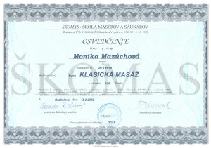 certifikát Škomas klasickej masáže