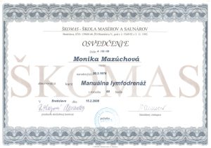 certifikát Škomas pre manuálnu lymfodrenáž
