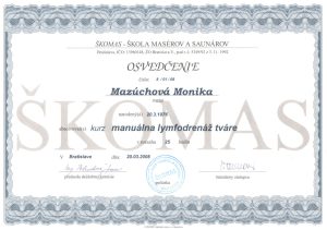 certifikát Škomas pre manuálnu lymfodrenáž tváre