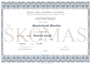 certifikát Škomas pre medovú masáž