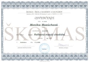 certifikát Škomas pre reflexnú masáž chodidiel